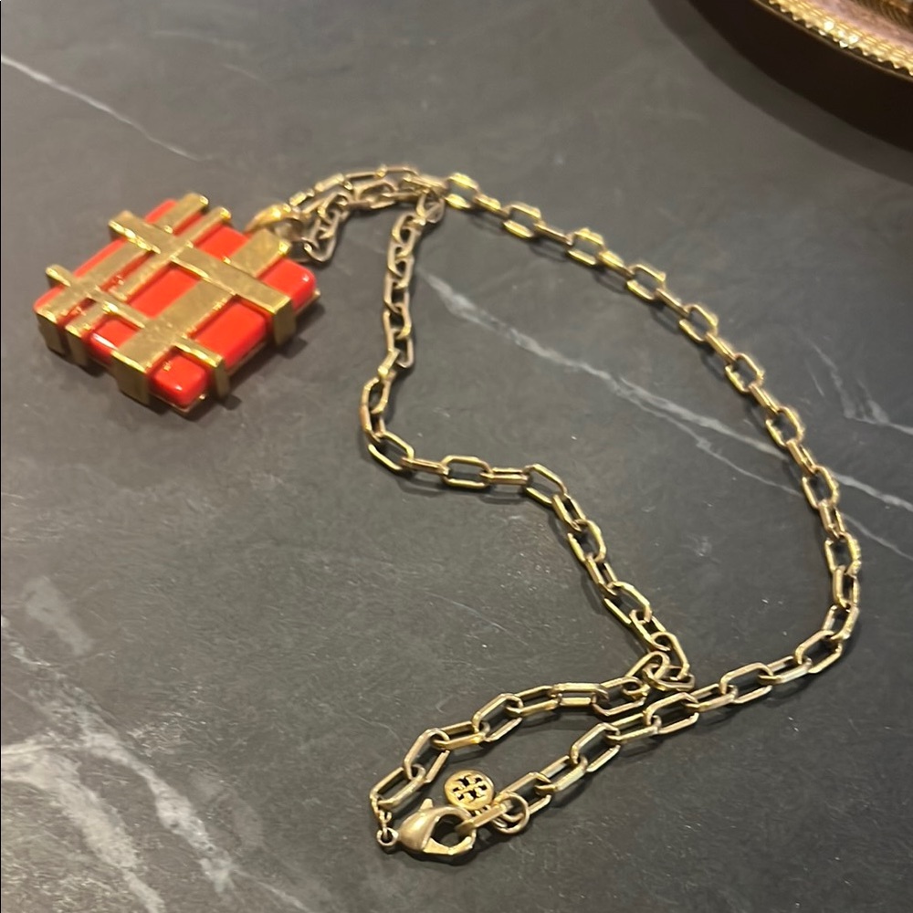 Gold and Red Geometric Pendant Necklace